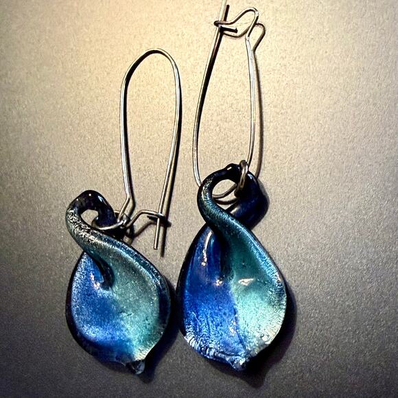 Artisan Handcrafted Blue Twist Glass Beaded Drop Earrings - Picture 3 of 7